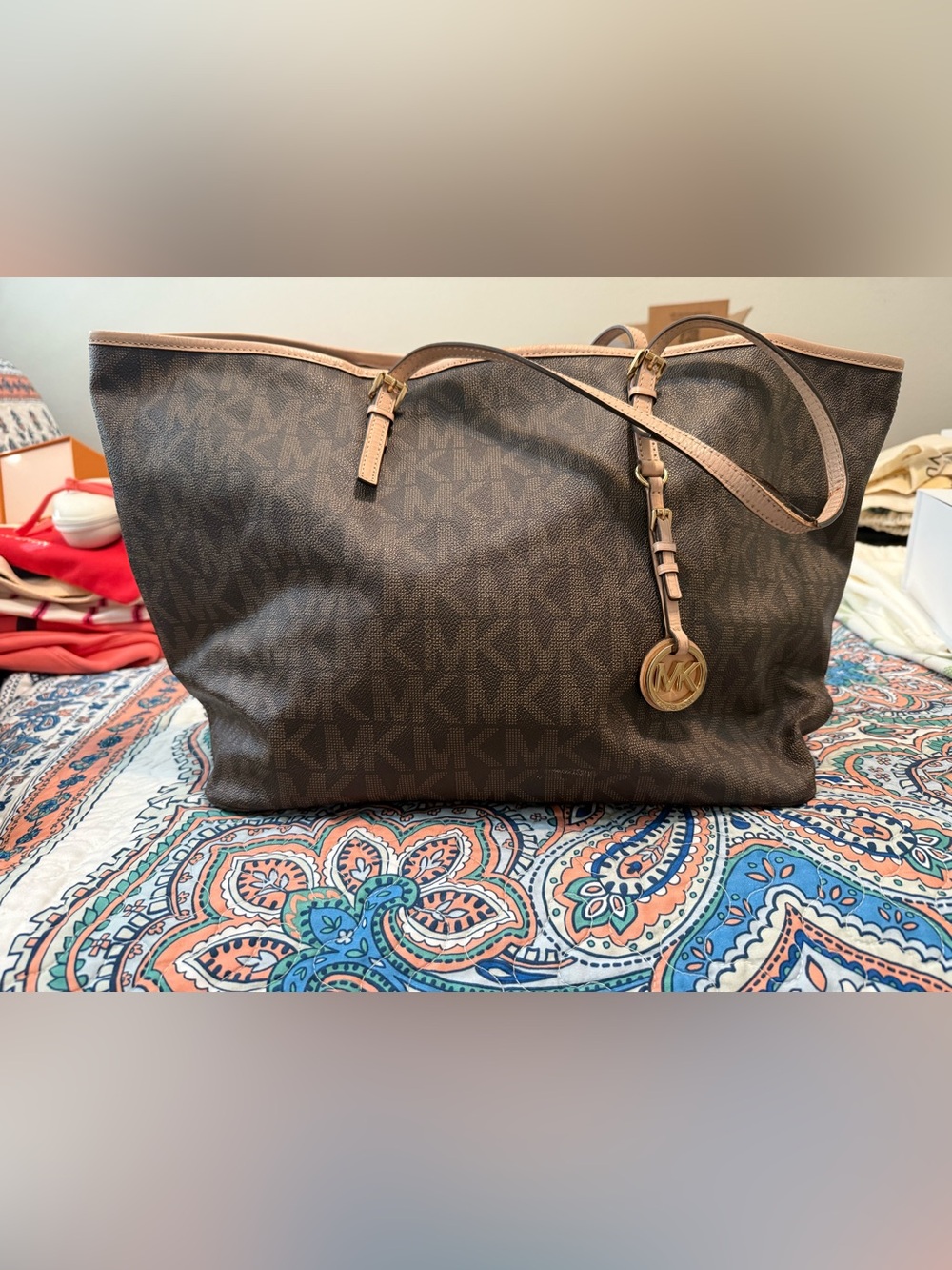 Michael Kors Brown MK Logo Tote with Tan Trim